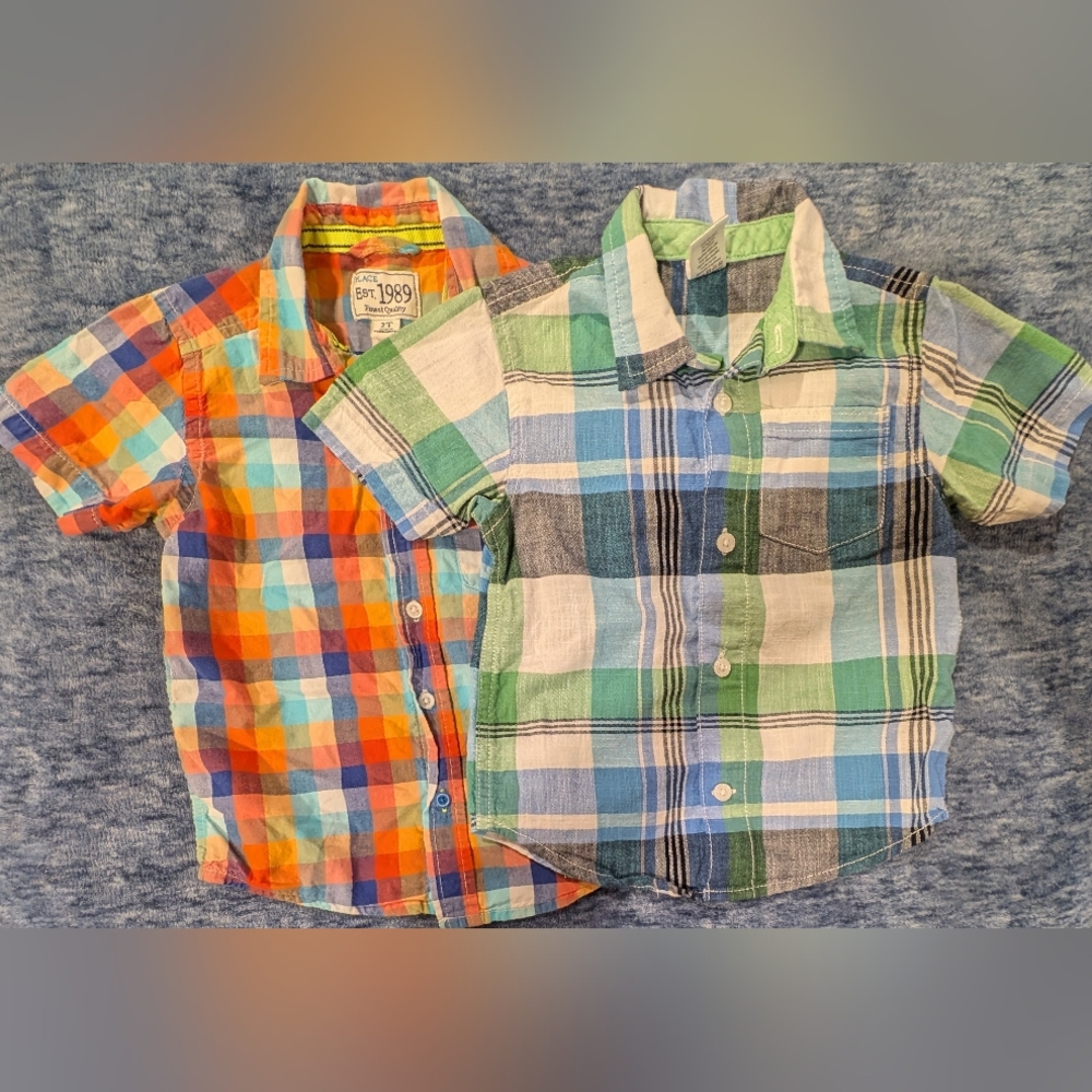 The Children's Place 2T Plaid Button Down Shirts - Orange, Blue, Green